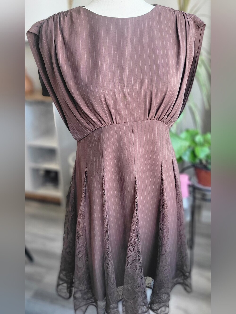 NWT Adrianna Papell Brown Pinstripe Lace Fit & Flare Dress Size 8